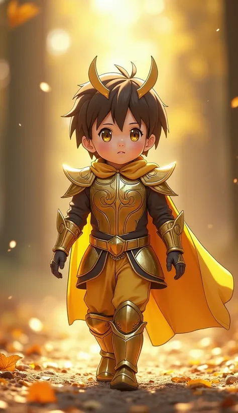 An image of a baby wearing gold Sagittarius armor from the anime Saint Seya ? I want an ultra realistic image the baby has to be standing walking in the environment of the 12 houses that represent the armor.
