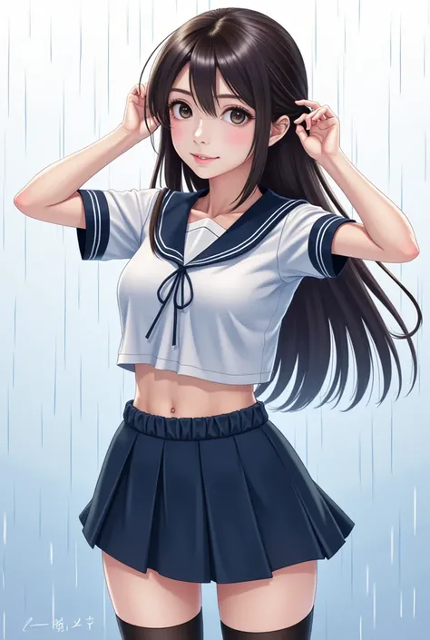   sailor suit 姿のちび超可愛い女の子 .   is putting rain on her arms and doing a go-go pose . (( crop top)),((Dark blue skirt)),((((((( Ultra Micro Miniskirt))))))),((((( sailor suit )))),((( Black Thigh High Socks )))