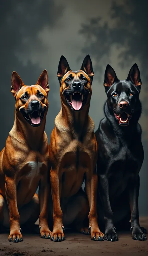 "Create an image showcasing the worlds five most dangerous dog breeds. Include a realistic depiction of a Pitbull, Rottweiler, Doberman Pinscher, German Shepherd, and Cane Corso, each in a distinct pose. Set them against a dark, dramatic background that hi...