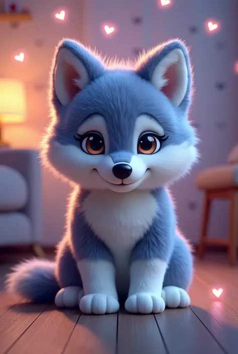 "Create a lifelike plush wolf toy with soft, fluffy blue and gray fur, detailed facial features, and expressive, bright eyes. Position the wolf sitting upright on a wooden floor in a well-lit, cozy indoor environment, with subtle textures like a patterned ...