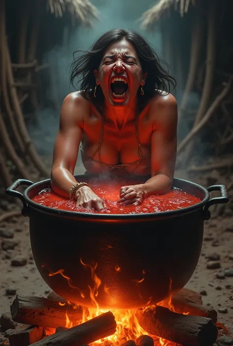 A woman being roasted in a pot 