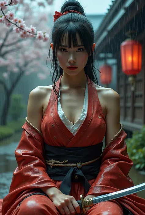 j&#39;ai fait une séance photo en très faible angle du corps entier d&#39;une belle femme japonaise comme un samouraï, corps parfaitement proportionné, assis et corps exposé à une pluie très forte, costumes de geisha déchirés, portant un sabre de samouraï,...