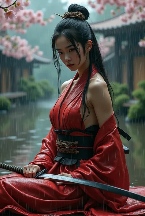 j&#39;ai fait une séance photo en très faible angle du corps entier d&#39;une belle femme japonaise comme un samouraï, corps parfaitement proportionné, assis et corps exposé à une pluie très forte, costumes de geisha déchirés, portant un sabre de samouraï,...