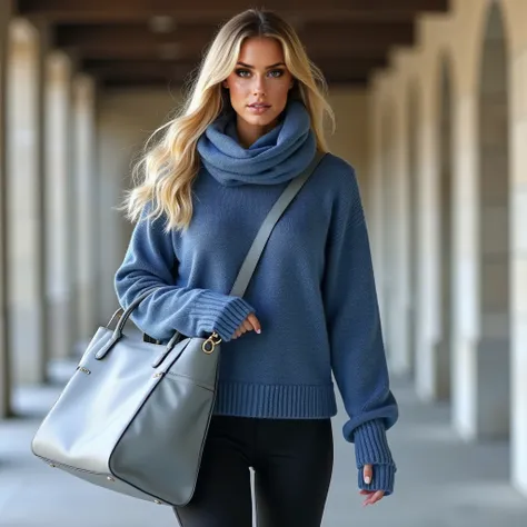  Full body professional photo , (photo 4k:1.1) by (Jeremy Lipking:0.3), cuerpo entero, elegant woman , blue sweater, ,thank you, with scarf, shelter , ((She covers her breasts)),  (((covered breasts))), (((Hobo large capacity bag, with a black Hobo bag , l...