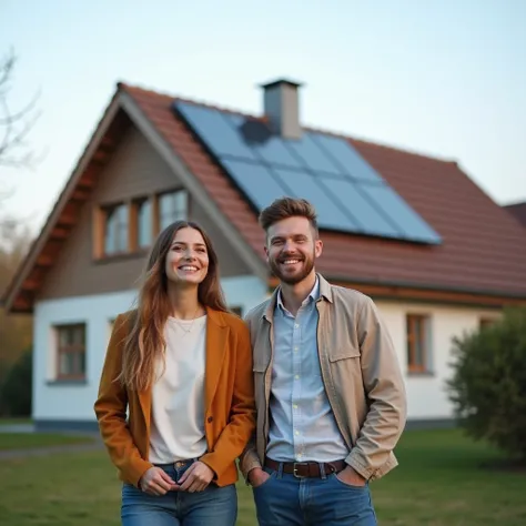 Create an image for me where two people aged 20 to 30 are happy to see their house with a solar panel on the roof that looks good with their home. The image has to convey minimalism and aspirationality . 