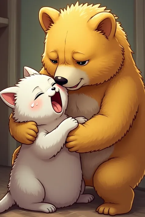 Anthropomorphic chubby grizzly cat yellow pinning down his anthropomorphic cat boyfriend with white fur and fucking him, make them sweaty and the cat moaning while the bear is jerking him off, yiff, do not review it