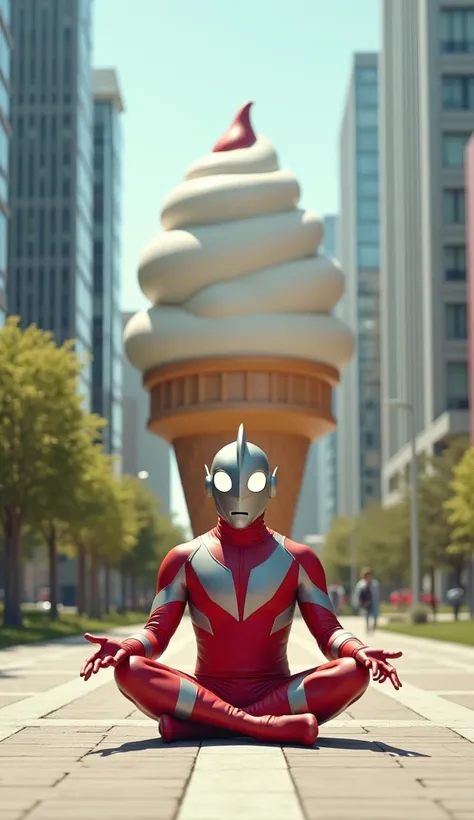 Another high-quality 3D rendering ,  a man dressed in an ultraman costume is sitting cross-legged casually on the sidewalk path. aada giant cone-shaped ice cream monster behind her .  The background shows tall buildings,  and natural sunlight ,  gives a ch...