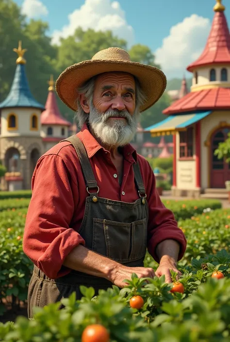 An old farmer man in a red agricultural dress and a farm hat in a park at a rens playground