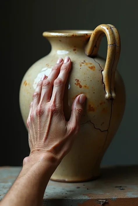 a wrinkled hand points to the part of the handle of the vase that is cracked