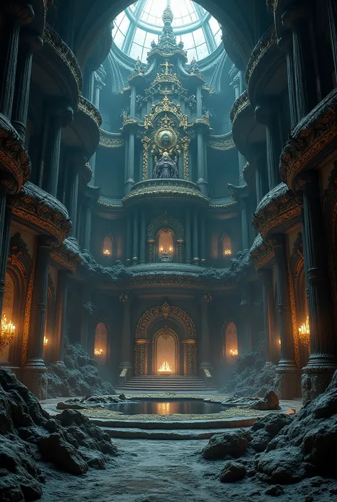 
Le palais du monde des enfers ; souterrain, grandiose et opulent, obsidienne et pierre noire ; riche et sombre, avec un aspect naturel ; inspiré de l’art baroque avec sculptures et de l’art
