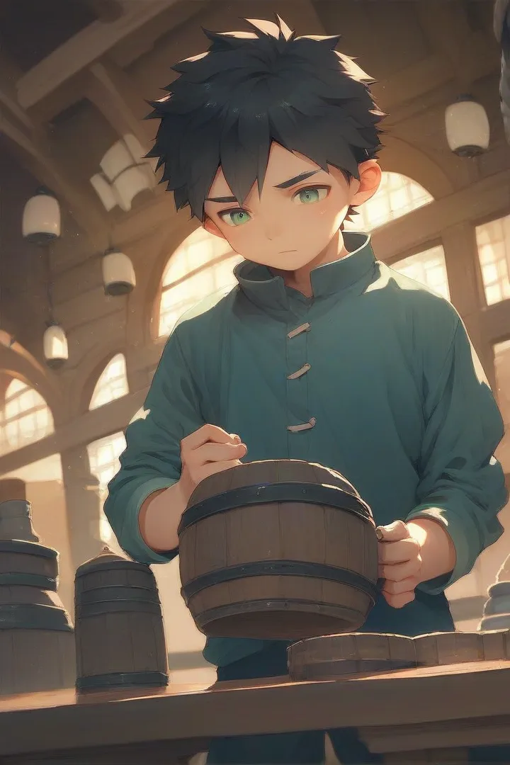 shou, sota, solo, 1boy, masterpiece, ultra detail, tavern, green eyes, black hair