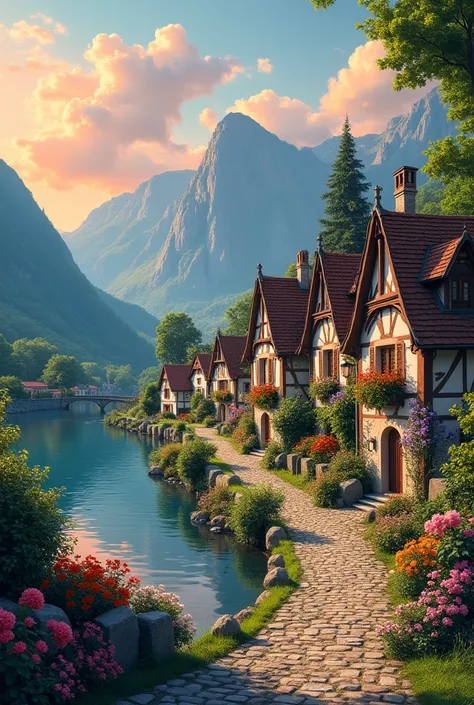  A small town next to the river , mountains in the background,  colorful floral flowers ,  detailed landscape style,  beautiful natural landscapes ,  atmospheric lighting , scorching sunset,  warm colors , practical, Photographic, detailed foliage, complex...