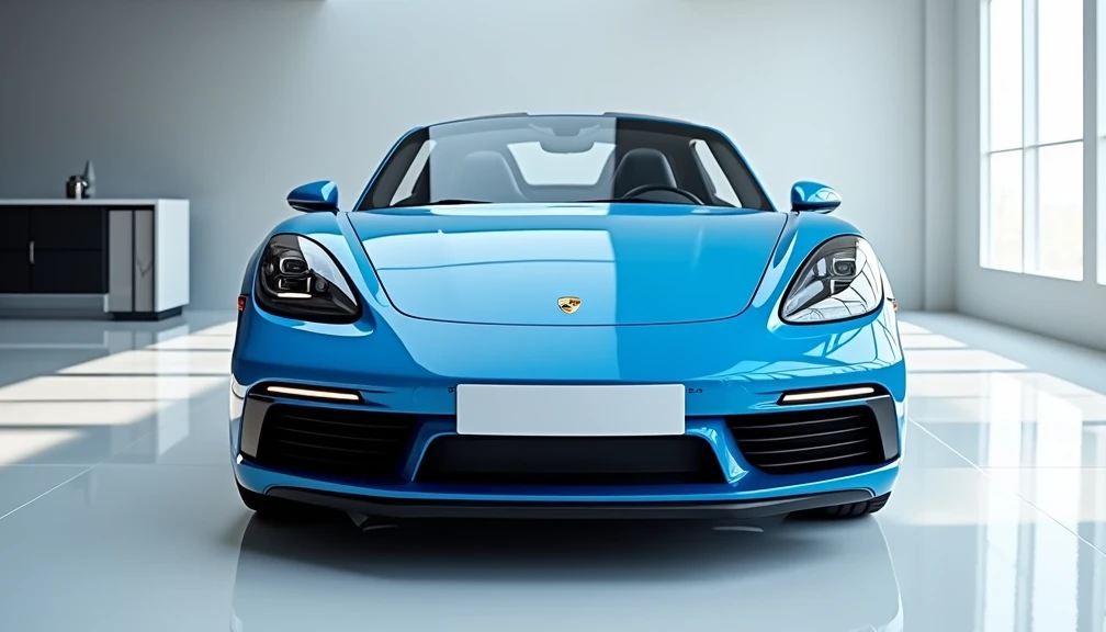 Front view of painted blue with shiny clour 2025 Porsche 718 boxster sleek in large shape sedan in large size with Porsche 718  logo on its large detailed grille in shiny white clour with angular sporty design captured from close back view with modified sl...