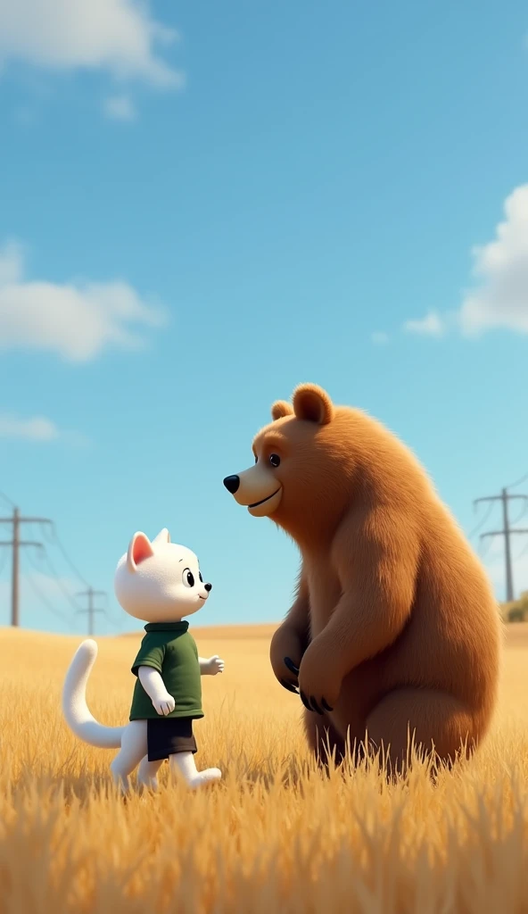  An anthropomorphic white cat with a long tail ,  wearing a dark green shirt and black pants ,  walking towards a large brown bear standing ,  in an open field with grasses under the blue sky .  The bear and the cat are staring at each other, about to face...