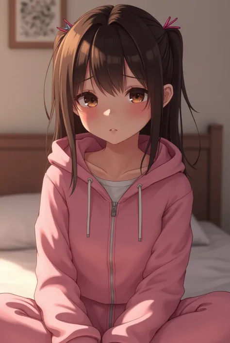 Beautiful woman, teenager, sitting on bed, wearing a pink cropped fitted zip up hoodie, matching pink pants, straight sleek brown hair, brown eyes, worried smile, down turned eyes, middle part, hair clipped behind ears with pink pins