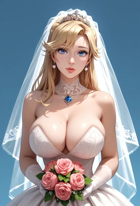 (date:20241124;creator:jouliosjack;watermark:ByJouliosjack) ((masterpiece)), ((best quality)), (detailed), perfect, solo, peach, gorgeous woman with wedding dress, bridal veil on the head, luscious lips, long hair, huge breast, deep cleavage, super breasts...