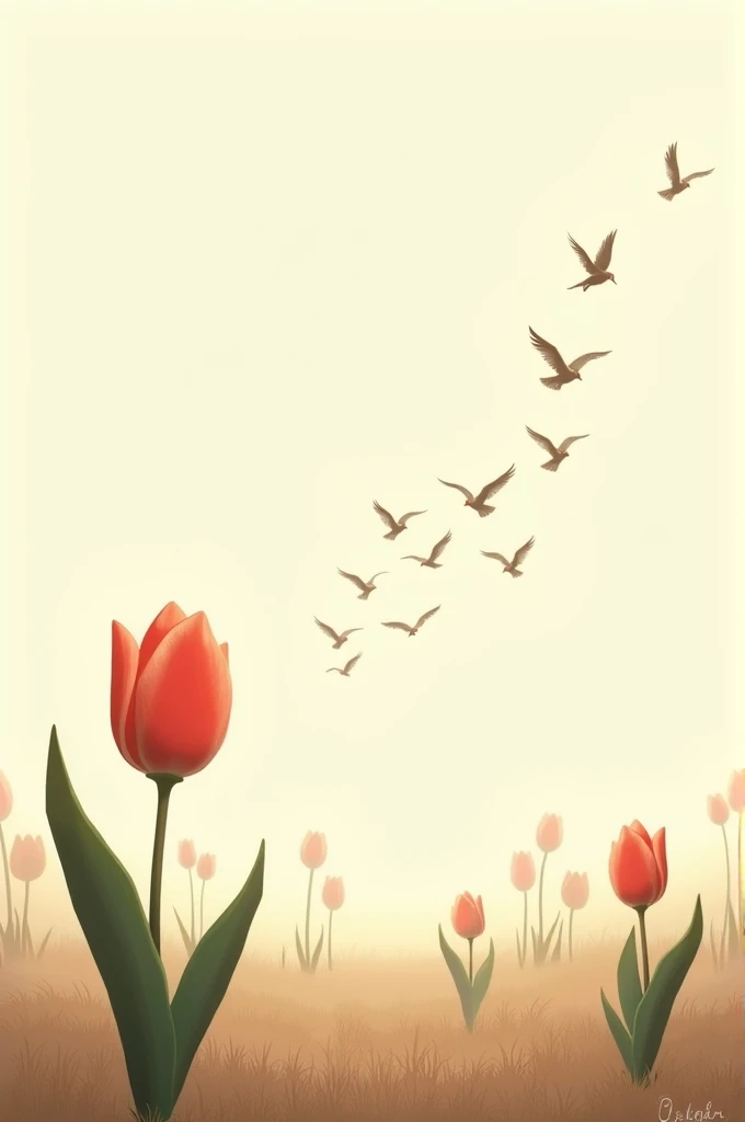 Beige color with tulips on the ground and birds that looks like v