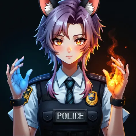 XIAOXING,1girl, animal ears,bpfantasy, dynamic pose, dynamic angle,  solo, looking at viewer, orange eyes, closed mouth, animal ear fluff, parted bangs, smile,police uniform,short hair with long locks, bulletproof vest, diagonal-striped necktie, cowboy sho...