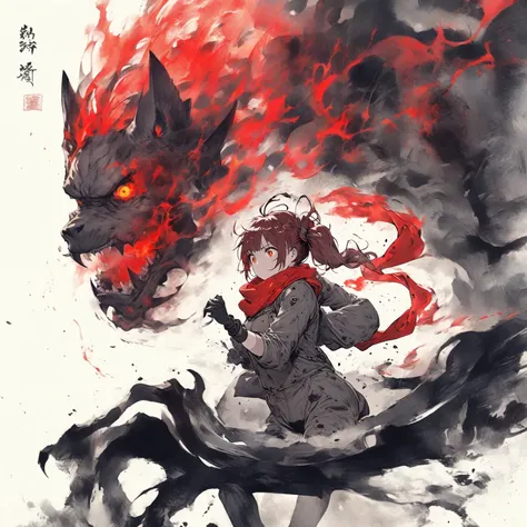 Massive ash burn, girl and wings turning to ash, ink drawing, girl with red side tails, hands folded, Ninpo, red and gray tornado, gray rider suit, red scarf, action, black gloves, dancing ash, red and gray ink drawing, red flames, girl turning to ash, gra...