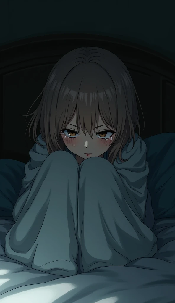 A girl with light brown hair and empty eyes, sitting in a room on a bed, sad and hugging her knees, the room is dark, she covers herself with a blanket, {{and cries}}, manhwa dark style, anime dark style, close-up of the face