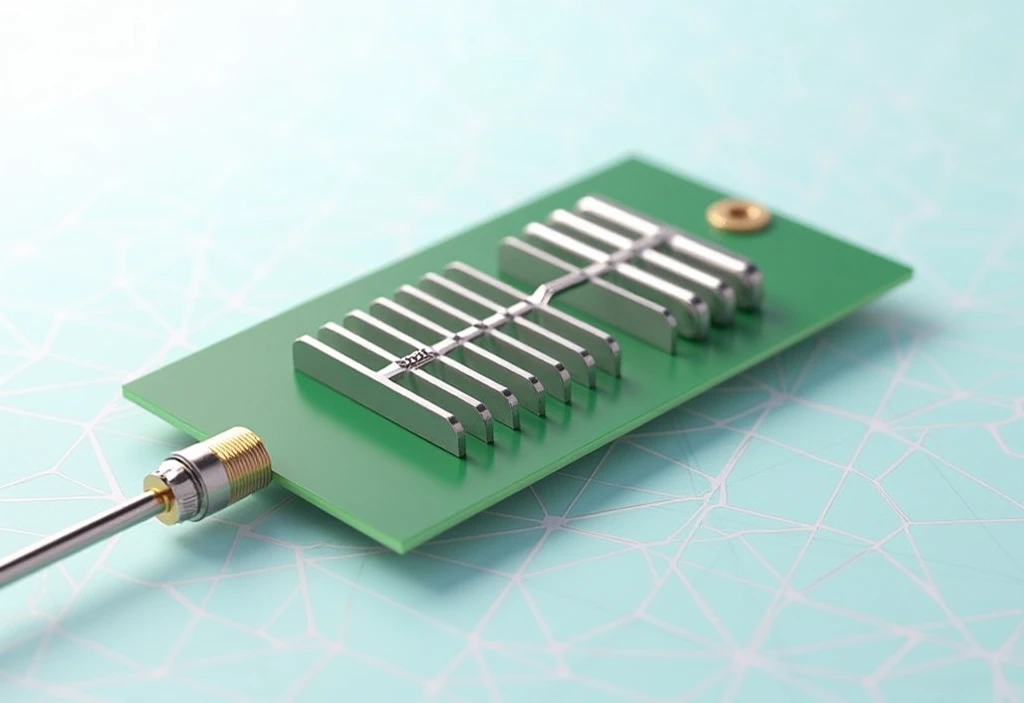 The **Log-Periodic Dipole Array (LPDA) antenna** is designed on a flat rectangular microstrip substrate, typically green or beige, resembling FR4 PCB material. Alternately printed metallic dipole elements, silver or copper-colored, are arranged logarithmic...