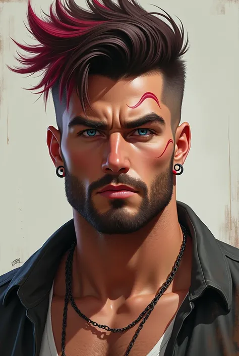 In a semi realisim art style, make a portrait of a man with bright blue eyes, dark brown hair with maroon dyed tips with a fluffy undercut. The man is pretty strong and muscular with a helix piercing in his right ear and 2 earlobe piercings in each ear.