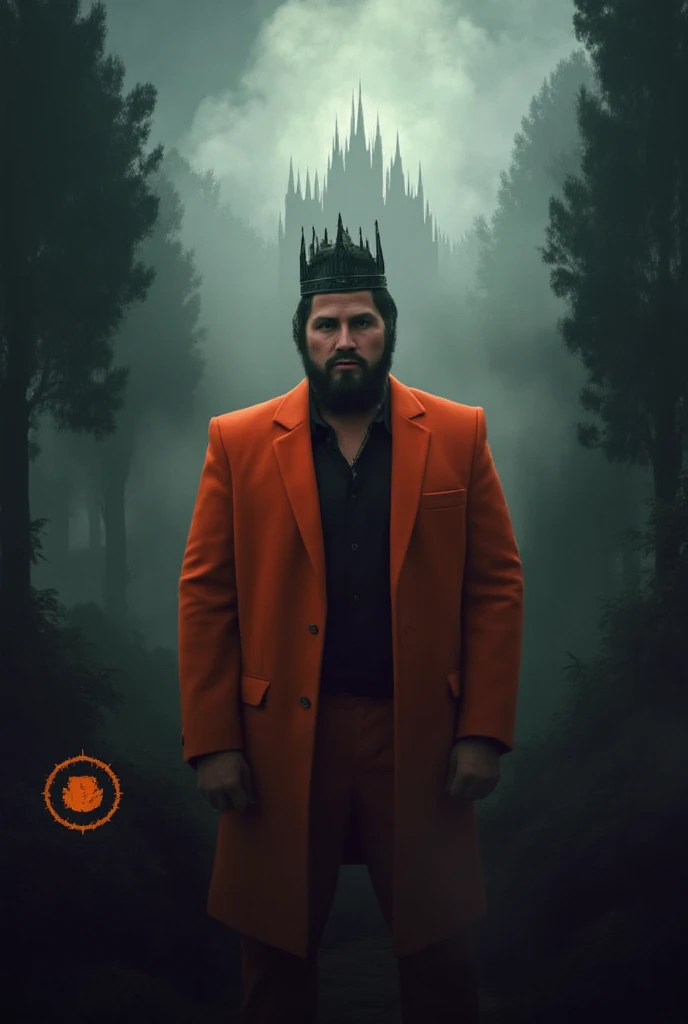 A man stands confidently in an orange suit, exuding a regal presence with a black crown atop his head. He stares directly at the viewer, surrounded by a misty forest backdrop featuring a castle in the distance. The contrast between his vibrant attire and t...