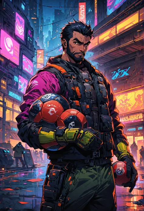 masterpiece, best quality, 1guy, futuristic pugilist, military gear, tech armor, guantlets, dystopian fantasy themepark, techwear/cyberpunk, urban fantasy,clutches in his hands a classic soccer ball,soccer ball