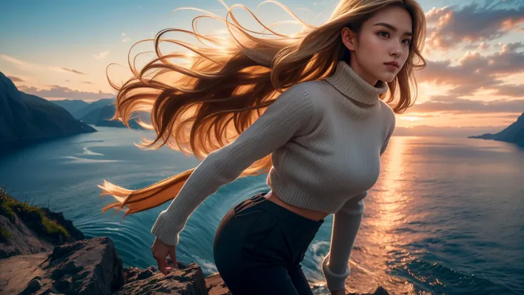 As the wind tousles her wavy blonde hair, the gorgeous 1 woman gazes flirtatiously at the camera, her eyes sparkling with mischief. She stands tall and proud on the edge of a cliff, overlooking the majestic Norwegian fjord below. Her outfit, a turtleneck s...