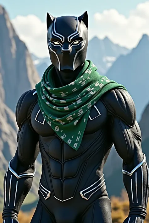 Black panther logo with a green and white scarf and mountains in the background