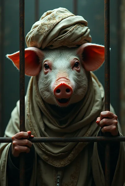 A man with a pigs face and a clerical turban locked in a cage