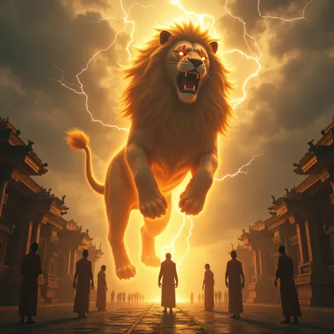 "A majestic lion emerging from the sky, surrounded by thunderclouds and golden divine light. Its mane flows like fire, and its eyes burn with intensity as it roars fiercely, sending shockwaves of power. Maa Karni Devi stands calmly beside it, exuding divin...