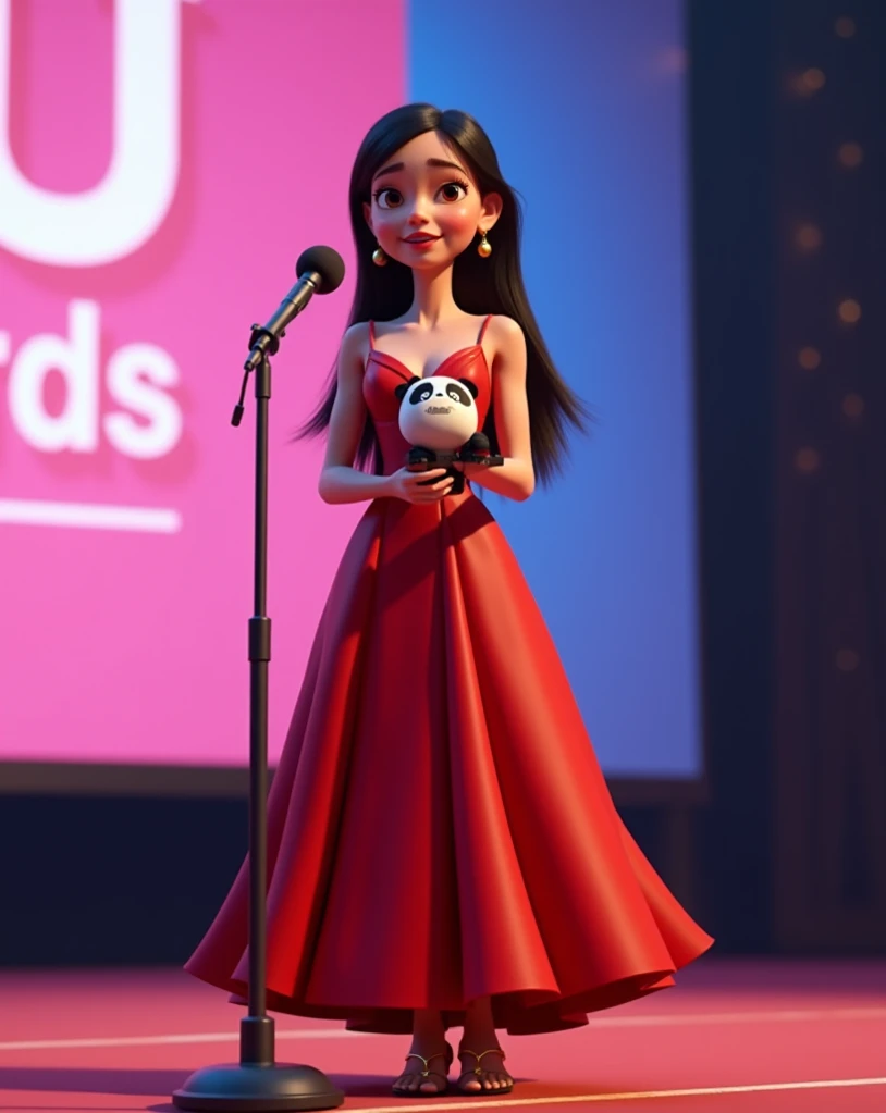 Woman 30 years, long black straight hair, wearing red v strap long taffeta ball gown wide skirt dress with gold strap high heels sandals. 

Thanking on microphone and Holding award in the form of a small white and black panda 🐼, with pink and blue backgrou...