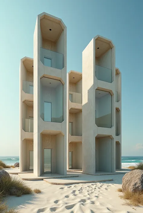  6 hexagonal towers and in each tower a wallless beach-style shower, the shower built into the tower  
