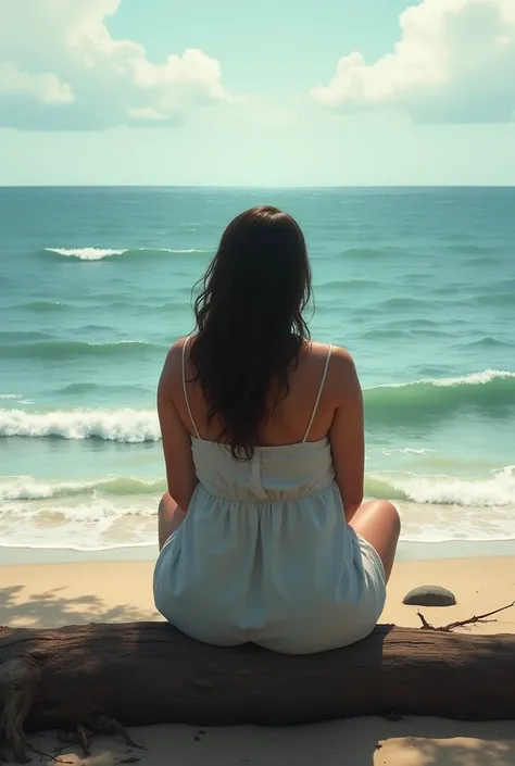 A woman with her back looking at the sea sitting on a log. That the woman is a little thicker