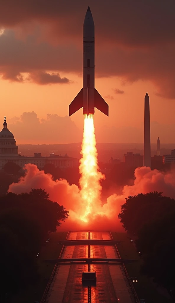  "Imagine a realistic and dramatic scene in the moment just before a nuclear missile hits Washington D..C.  The camera is focused on the missile in the last stretch of its fall ,  with a perspective from the front ,  looking towards the city that is about ...