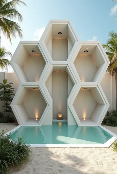  6 hexagonal walls and in each one a wallless beach-style shower, the shower built into the wall  
