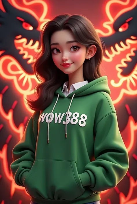 Animation of a beautiful woman wearing a white shirt wearing a green hoodie that says WOW388 White. Accompanied by Black and Red Dragon Slots