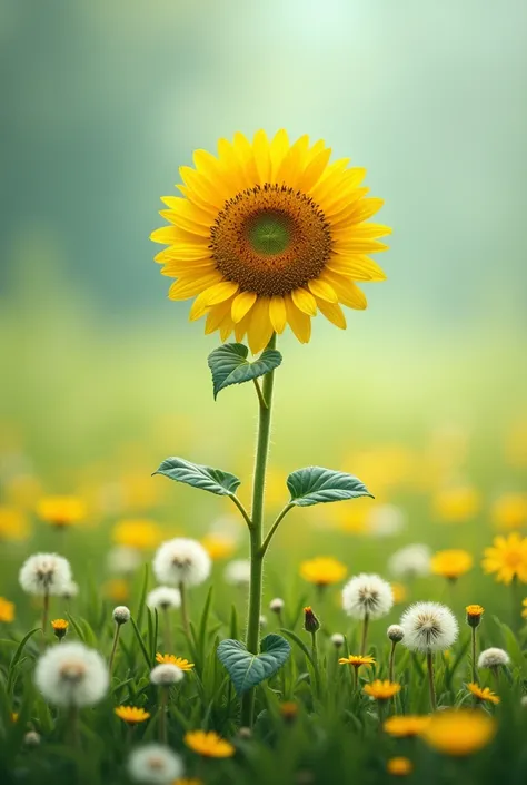 A single sunflower in a field full of dandelion 