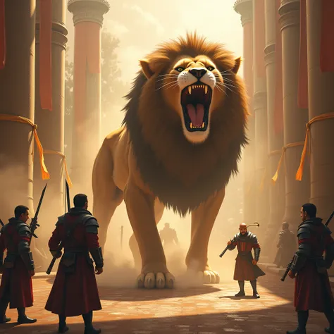 "The powerful lion roaring with an open mouth, its sound reverberating across the courtyard. The guards and the landlord stagger backward in terror, their faces filled with shock and fear, as they try to shield themselves from the lions might."

Background...