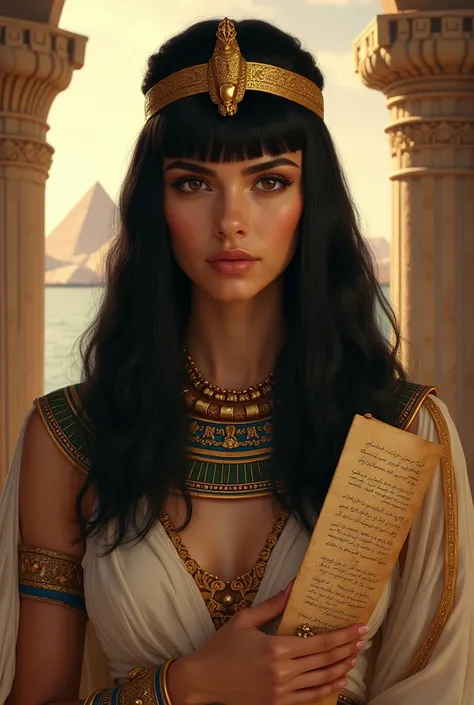 " Cleopatra 7 with black hair in bangs , wearing a snake-shaped golden crown .  She holds a papyrus scroll with hieroglyphic writing ,  symbol of her wisdom and political strategy .  The background is a large window overlooking the Nile."