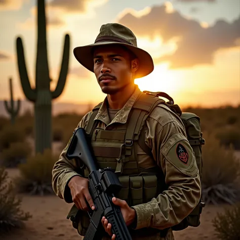 Image is a portrait-style photograph featuring a soldier in a desert-like landscape during sunset. The soldier, wearing a camouflage uniform with a tactical vest and a wide-brimmed hat, is adjusting a rifle. His skin is light, and he has a focused expressi...