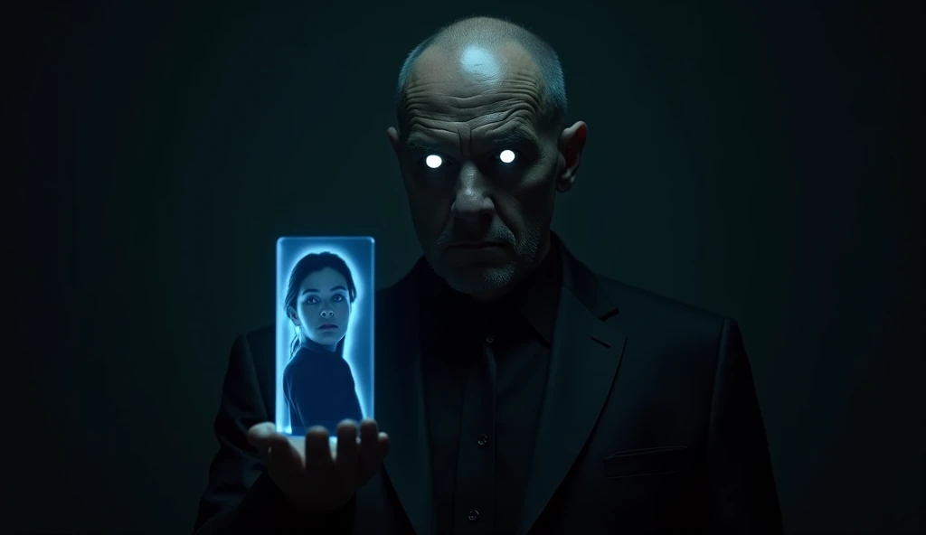 a gloomy shaved European-looking man in his fifties with black short hair , eyes glow white ,  in a black business suit , with a diplomat ,  stands in absolute darkness in one hand holding a blue little hologram of a teenage girl illuminating him,  front v...