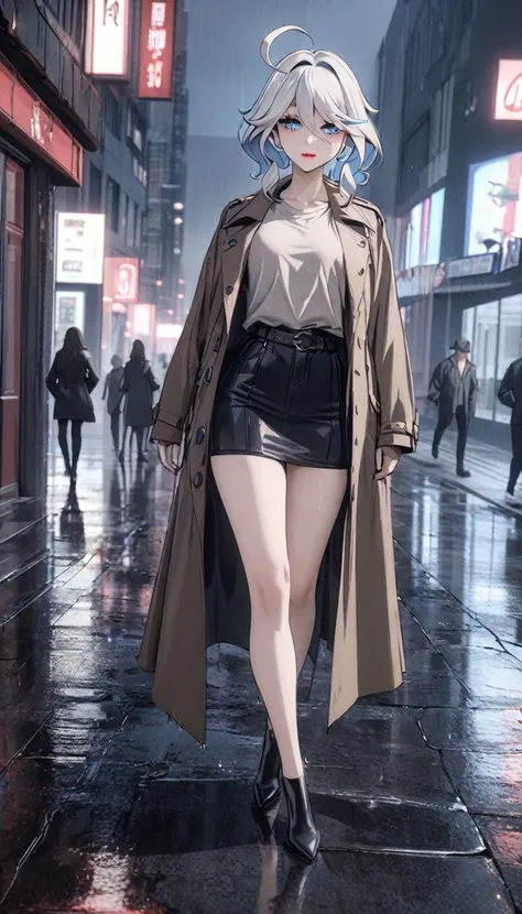 a rainy day, girl wearing a trench coat, wet cloths ,walking in the rain, reflections on wet pavement, city buildings in the background, overcast sky, dramatic lighting, muted color palette, detailed texture on the coat and umbrella, atmospheric mood, cine...