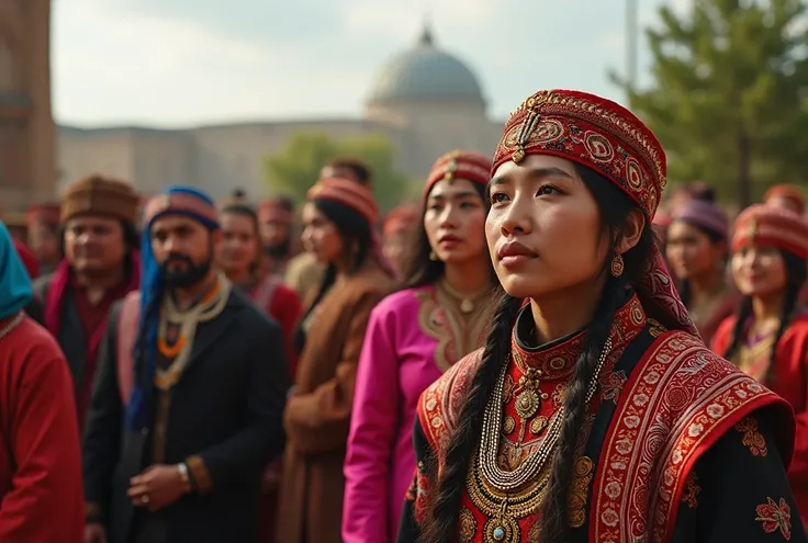 A large group of people from different Turkic nations(Kazakhstan, Azerbaijan, Krygzstan, Uzbekistan etc..), men, women, and ren, gathered together in a vibrant, colorful scene, (best quality,4k,8k,highres,masterpiece:1.2),ultra-detailed,(realistic,photorea...