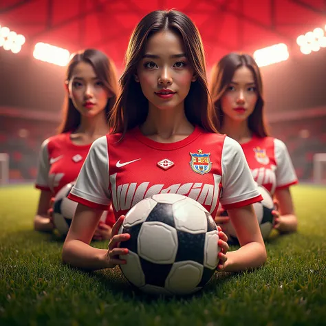 Create sport betting flyer that says "COBLOS4D TARUHAN BOLA TERPERCAYA", Center, BIG FONTS, BIG TEXT, Asian Girls, Ultra High Quality Image, 4K, 8K , 3D Rendering, red and white themes, soccer betting theme, sport betting themes. wearing soccer shirt. full...