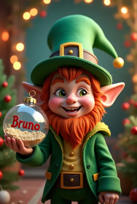 Leprechaun holding a transparent Christmas ball with the name Bruno on a Christmas decoration background 