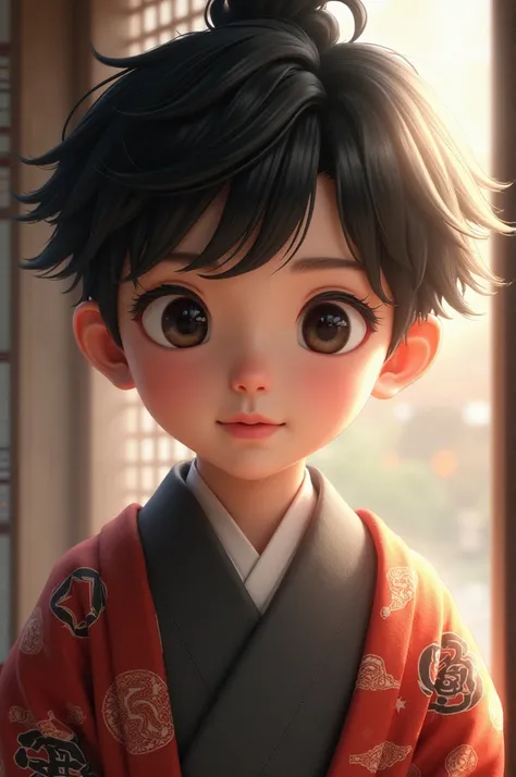 A boy with slightly slanted eyes,  hair and black eyes , light skin tone, kimono, 