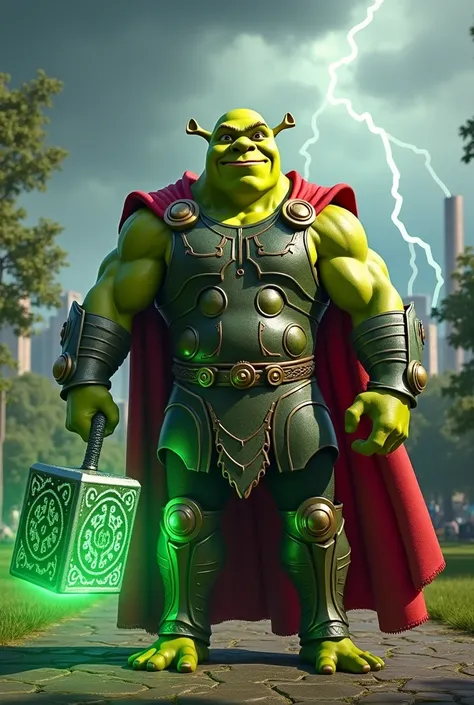 An ultra-realistic hybrid character combining Shrek and Thor, exuding divine power and primal strength. The character has Shreks green ogre features and muscular build, merged with Thor’s Asgardian armor. The armor is redesigned in metallic green and gold,...