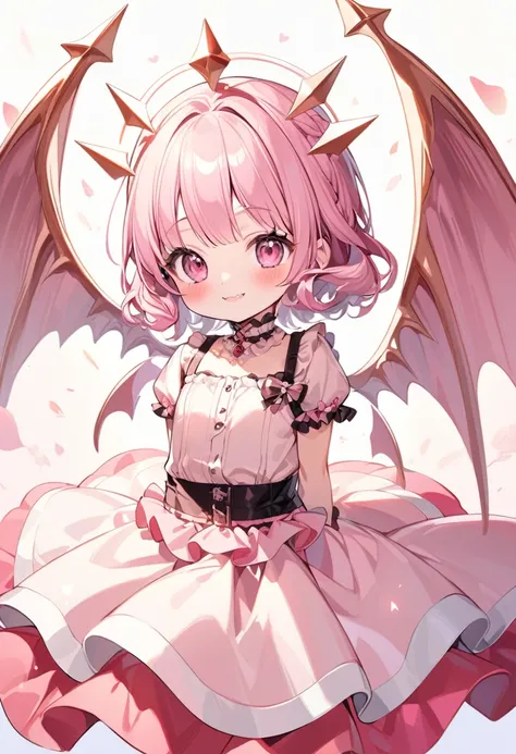 Anime, high detailed, 1 succubus petite girl (baby), a baby succubus, solo, NO horns, dragon-like wings ((2 in her Head, 2 in her back, 2 in her Waist)), floating, smilling, cute face, Wearing pink dress, Tail, pointed teeths